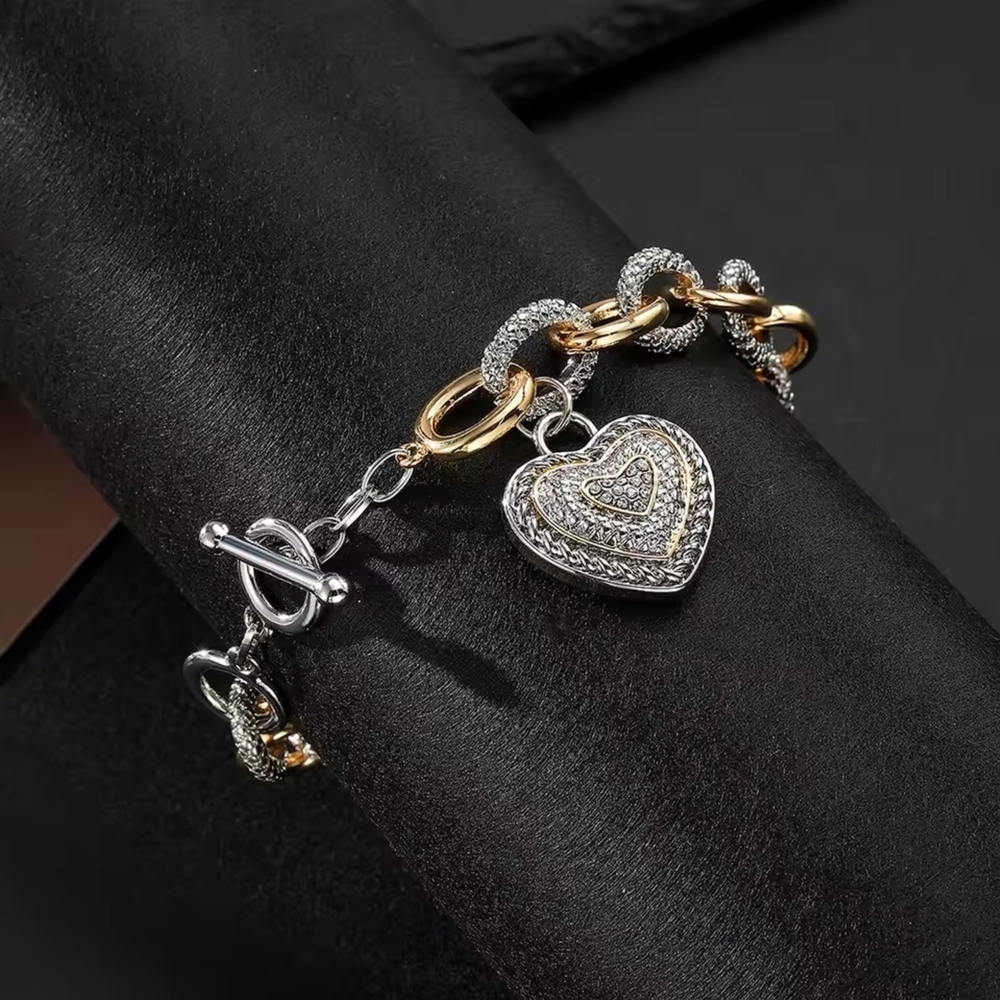 Silver and Gold Heart Charm Bracelet - Picture 4 of 8